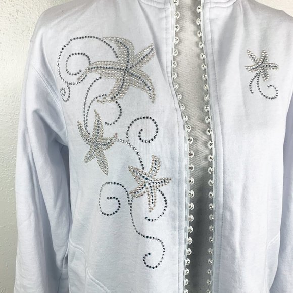 Tia Sweater Women Medium White Zip Up Sparkly Embellished Starfish Vintage - Picture 8 of 13